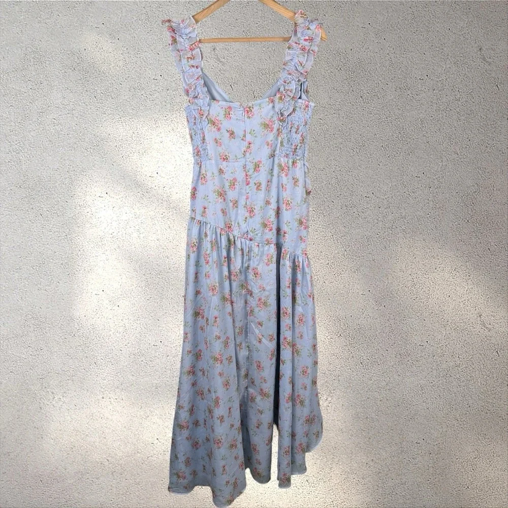 Abercrombie & Fitch Ruffle Strap Asymmetric Hem Maxi Dress Blue Floral Womens LT